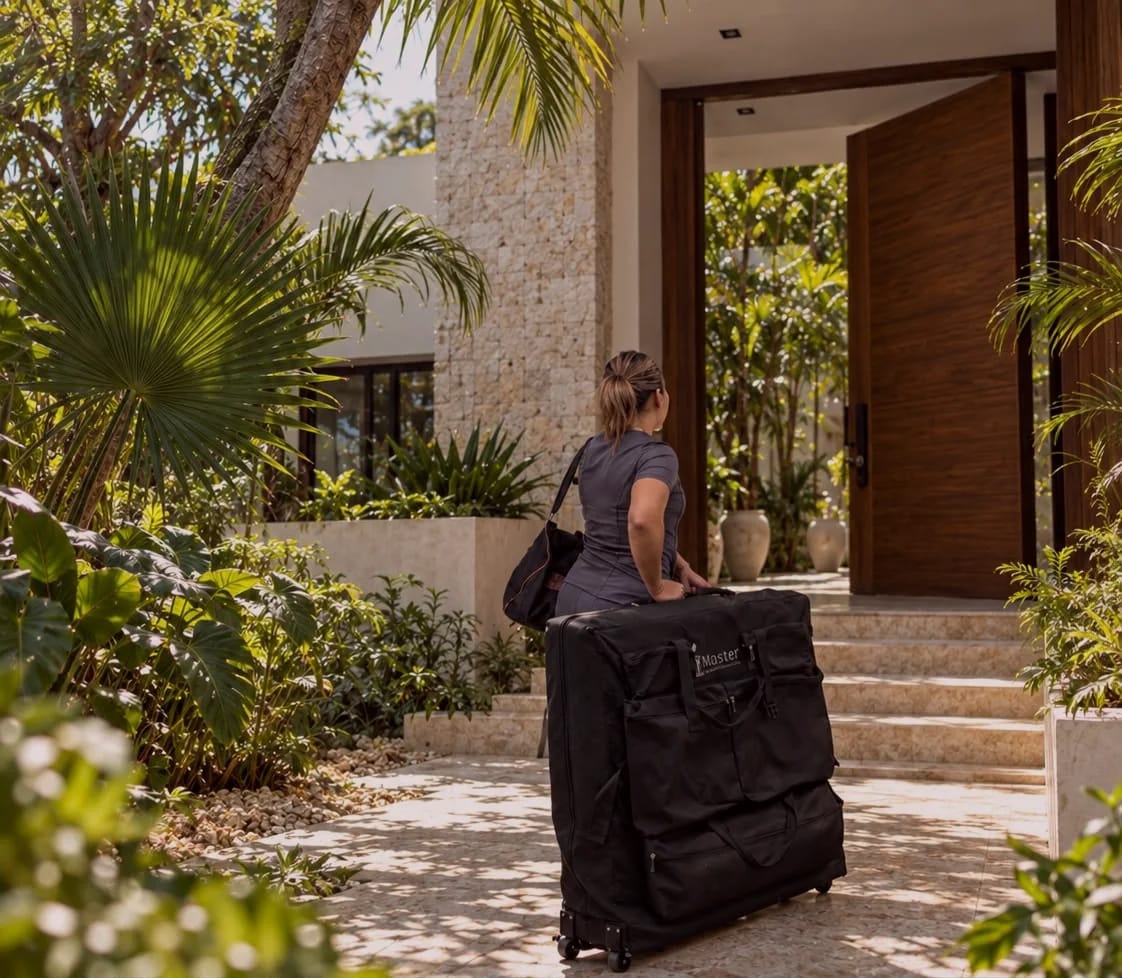Botica Spa therapist arriving at a villa with her massage table in Playa del Carmen